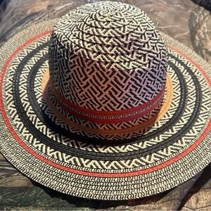 Nordstrom Rack Stylish Black and White Patterned Hat with Red Accents